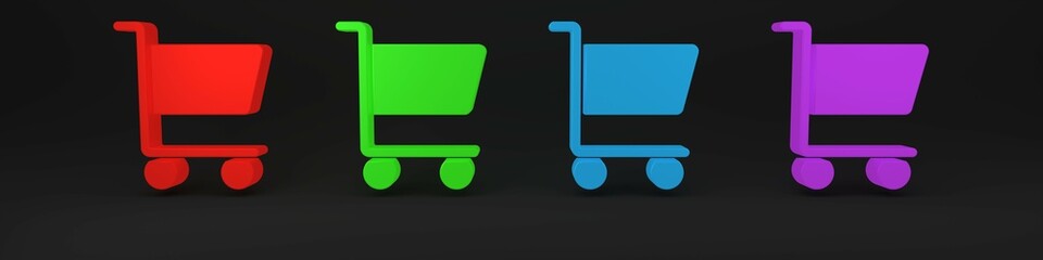 Wall Mural - Colorful Shopping cart icon isolated on black background. Online buying concept. Delivery service sign. Supermarket basket symbol. Minimalism concept. 3D render illustration