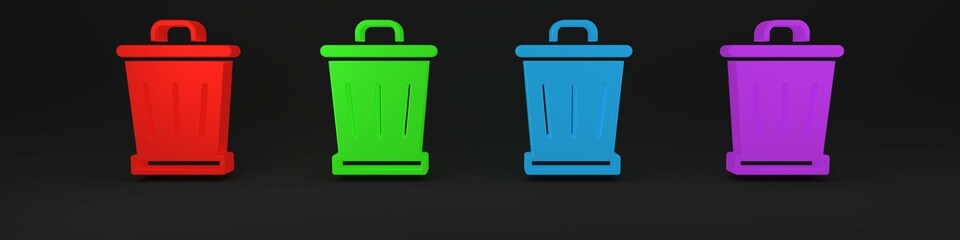 Wall Mural - Colorful Trash can icon isolated on black background. Garbage bin sign. Recycle basket icon. Office trash icon. Minimalism concept. 3D render illustration