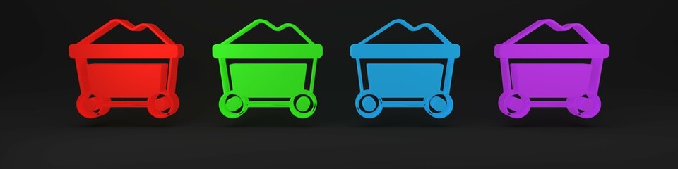 Wall Mural - Colorful Mine cart with gold icon isolated on black background. Minimalism concept. 3D render illustration