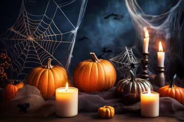 Halloween card with pumpkins, candles and place for text. Pumpkin on a dark background