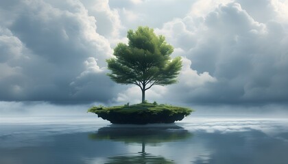 Wall Mural - Solitary tree on a floating island amid serene clouds, embodying peace and isolation