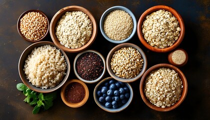 Nutritious display of whole grains including brown rice, quinoa, oats, and barley showcasing healthy eating and vibrant lifestyle choices