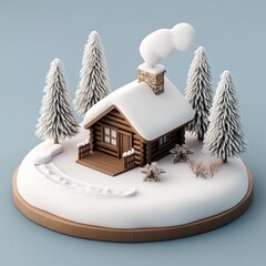 Sticker - 3D Icon: Cozy Cabin Nestled in a Snowy Forest Illustration Logo