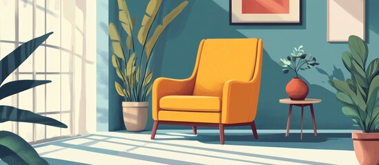 Flat illustration of a living room interior featuring an armchair and vases on a table in a dedicated recreation area