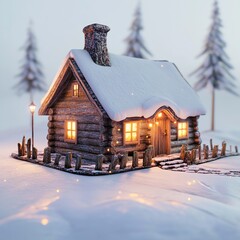 Canvas Print - 3D Icon: Snowy Scene with a Cozy Cabin Illustration Logo