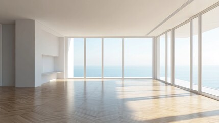  Minimalist interior of an empty room featuring large panoramic windows a balcony with a sea view wooden parquet flooring and contemporary architectural design rendered in 3D