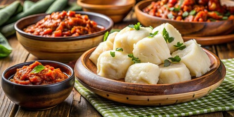 Fermented cassava dough, a staple food in West Africa, is served with a variety of stews and sauces, providing sustenance and flavor to mealtime gatherings.