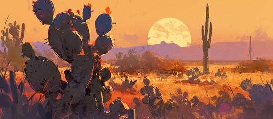 Wall Mural - Painting of a Cholla cactus garden at sunset showcasing the desert landscape with vibrant colors and unique plant life