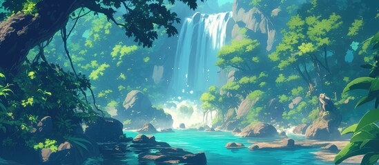 Wall Mural - Artwork depicting a serene jungle scene featuring a stunning waterfall