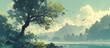 © VRVisionary - Misty landscape featuring a tree by a serene lake adorned with birds in a tranquil garden setting Ideal mural or wallpaper design for interior decor