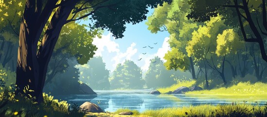 Summer landscape featuring a riverside forest