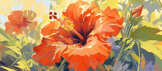 Wall Mural - Painting of a vibrant red hibiscus flower symbolizing beauty and tropical elegance