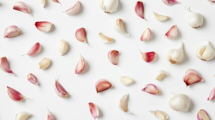 Whole garlic bulbs and peeled cloves arranged randomly on a white surface