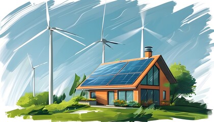 Wall Mural - Eco-friendly homes integrated with wind turbines, showcasing a commitment to sustainable living and renewable energy solutions.