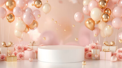 Wall Mural - A white podium with light pink and gold balloons floating above, surrounded by gifts and roses, set in front of a soft gradient backdrop for Mother's Day.