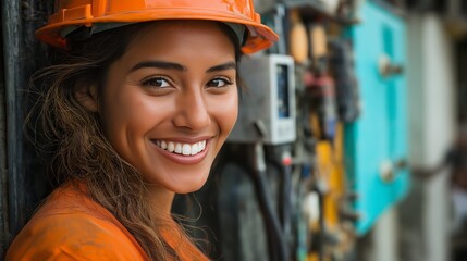 A woman wearing an orange hard hat and a yellow shirt is smiling. She is posing for a picture