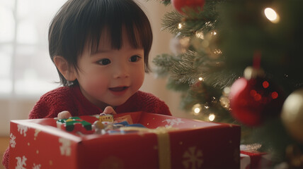 Sticker - クリスマスギフトを開ける日本人の子供