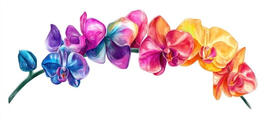 Surreal hand drawn orchid in full bloom with vibrant rainbow colors Design element isolated on white for use in greeting cards covers accessories textiles and printing