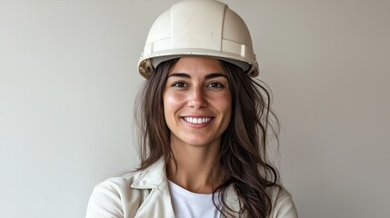 Poster - A woman wearing a hard hat and smiling. She is wearing a white shirt and a tan jacket