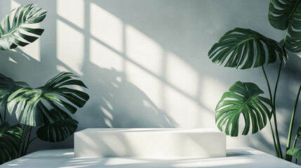 Poster - A modern white podium, framed by giant tropical leaves, set against a light grey wall with shadows playing across the surface for an elegant touch.