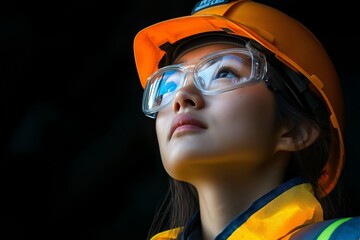 Poster - A woman wearing a yellow vest and an orange helmet is looking up at something. She is wearing safety glasses and a hard hat