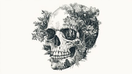 Wall Mural - Abstract skull illustration created from trees and foliage in a hand drawn style