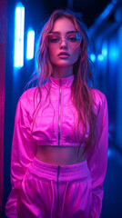 Female model, wearing a pink and purple tracksuit, standing in a dark blue room with neon lights. The image has a high-fashion style. 