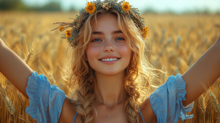 Girl with arms raised in a wheat field, wearing a wreath on her head and a dress on a summer day. 