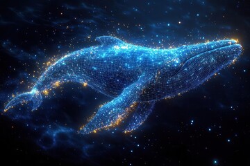 majestic blue whale composed of shimmering polygons breaching from a digital sea of data points and binary code symbolizing the intersection of nature and technology