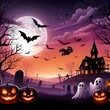© kptdotx - Halloween night spooky pumpkin bat tree vector illustration