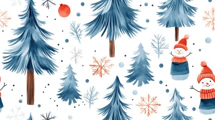 Seamless winter themed pattern featuring hand drawn pine trees snowflakes and a cartoon character in watercolor style