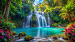 © Sandra - Serene turquoise waterfall cascades down moss-covered rocks, surrounded by lush greenery and exotic flowers, in a misty, vibrant tropical forest paradise.