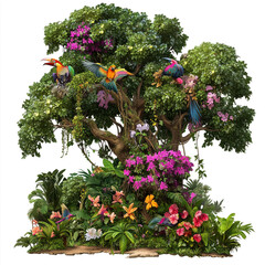 Wall Mural - a tree covered in flowers and birds isolated on a transparent background