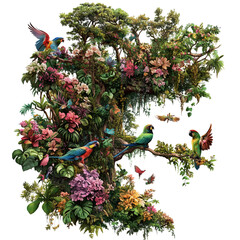 Wall Mural - a tree covered in flowers and birds isolated on a transparent background