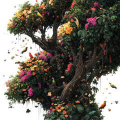 Wall Mural - a tree covered in flowers and birds isolated on a transparent background