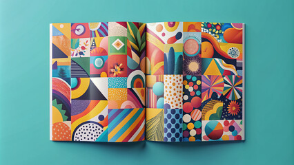 Vibrant magazine cover template featuring a colorful collage of abstract shapes, playful typography, and whitespace, perfect for creative and artistic expressions.