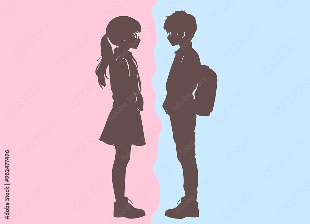 Silhouette of boy and girl standing, looking at each other in love ...