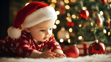 Wall Mural - Christmas baby with Christmas decoration celebrating