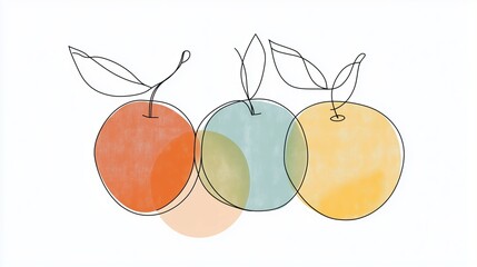 Wall Mural - Three colorful abstract fruits with minimalist line artwork on a white background showcasing creativity and artistic expression