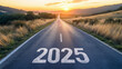 © Natali - Road to '2025' with an empty road with written '2025' and arrow pointing towards the horizon to represent the future and positivity and success of the new year 2025