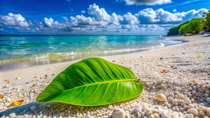 Vibrant green leaf rests on a coral beach, surrounded by tiny shells and soft white sand, with turquoise ocean water gently lapping in the background.