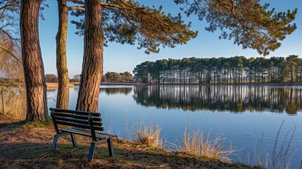 Serene lakeside view with a black bench under tall trees in a peaceful landscape