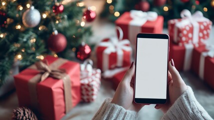 Woman holding smartphone with blank white screen and space for advertising, text or inscriptions on gifts background. Christmas and New Year sales
