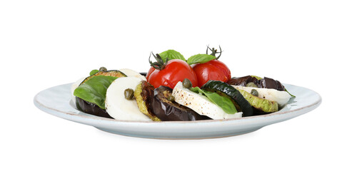 Wall Mural - Tasty salad with grilled vegetables and mozzarella cheese isolated on white