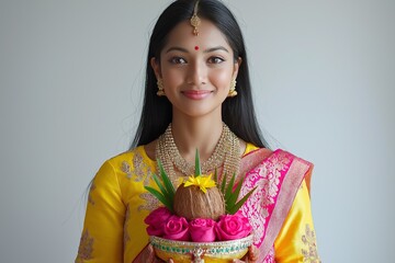 Indian woman in traditional attire holding decorated pooja kalash for a Hindu religious ceremony