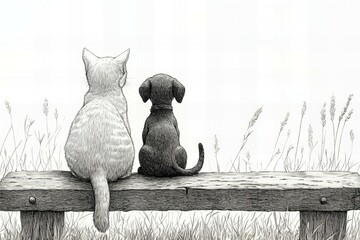 Realistic portrait of a cat and dog together in detailed pencil sketch art, cute animal friends posing with expressive eyes new beautiful stock image illustration AI