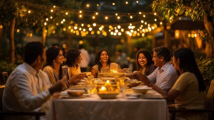family enjoying outdoor dinner together during indian festival celebration under festive lights