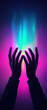 © SJ Studio - Hands holding colorful light beams, with vivid auroras lighting up the sky in the background, visualizing dreamlike possibilities
