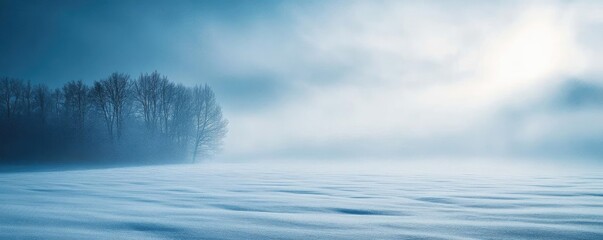A serene winter landscape featuring a foggy scene with snow-covered ground and silhouettes of trees in cool tones.