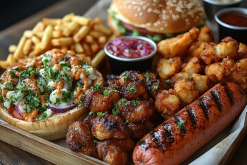 mouthwatering american comfort food feast artfully arranged plates showcase juicy burger loaded hot dog crispy wings and succulent lobster roll